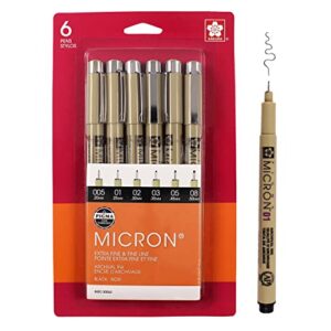 sakura pigma micron fineliner pens – archival black ink pens – pens for writing, drawing, or journaling – assorted point sizes – 6 pack