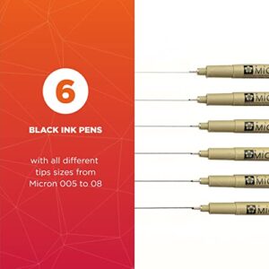 SAKURA Pigma Micron Fineliner Pens - Archival Black Ink Pens - Pens for Writing, Drawing, or Journaling - Assorted Point Sizes - 6 Pack