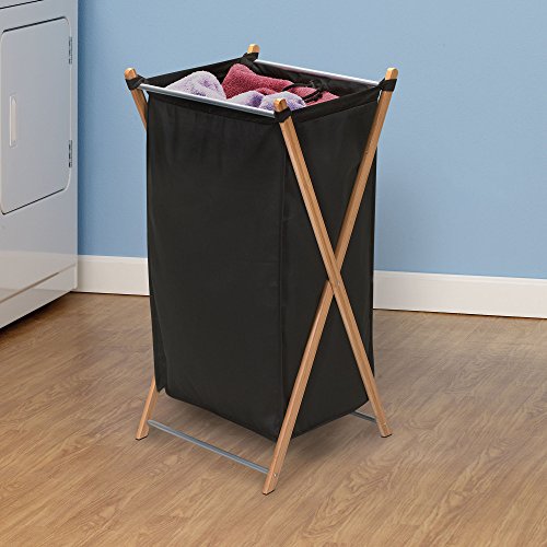 Household Essentials 6540-1 Collapsible Bamboo X-Frame Laundry Hamper | Bamboo Frame with Black Canvas Bag, Brown