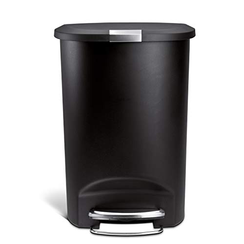 simplehuman 50 Liter / 13 Gallon Semi-Round Kitchen Step Trash Can with Secure Slide Lock, Black Plastic