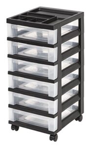 iris usa mc-360-top plastic storage drawer, rolling cart with organizer top, 6 blk clr, black