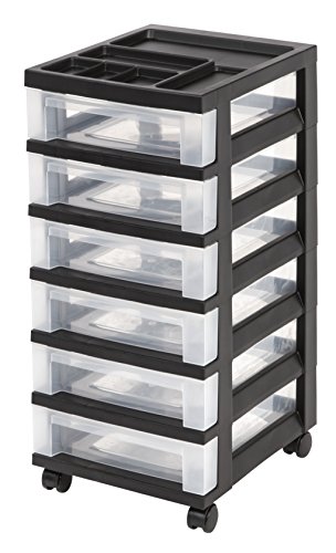 IRIS USA MC-360-TOP Plastic Storage Drawer, Rolling Cart with Organizer Top, 6 BLK CLR, Black