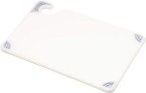 san jamar saf-t-grip plastic cutting board with safety hook, 6″ x 9″ x 0.375″, white