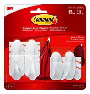 command designer hooks variety pack, white, 2-small, 2-medium, 4-strips, organize & decorate damage-free