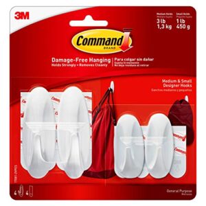 Command Designer Hooks Variety Pack, White, 2-Small, 2-Medium, 4-Strips, Organize & Decorate Damage-Free