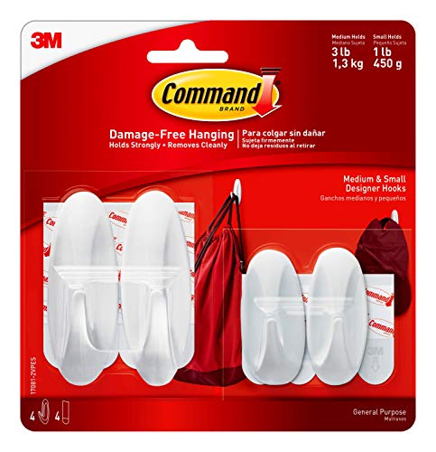 Command Designer Hooks Variety Pack, White, 2-Small, 2-Medium, 4-Strips, Organize & Decorate Damage-Free