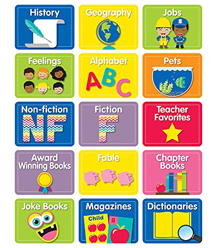 Schoolgirl Style - Just Teach | Library Labels Colorful Cut-Outs, Classroom Décor, 45 Pieces
