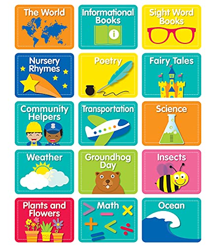 Schoolgirl Style - Just Teach | Library Labels Colorful Cut-Outs, Classroom Décor, 45 Pieces