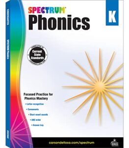 spectrum kindergarten phonics workbook, ages 5 to 6, kindergarten phonics workbooks, letter recognition, alphabet order, vowel and consonant sound practice – 144 pages