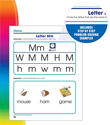 Spectrum Kindergarten Phonics Workbook, Ages 5 to 6, Kindergarten Phonics Workbooks, Letter Recognition, Alphabet Order, Vowel and Consonant Sound Practice - 144 Pages