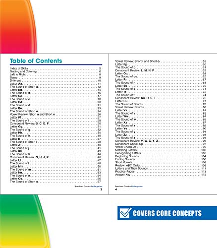 Spectrum Kindergarten Phonics Workbook, Ages 5 to 6, Kindergarten Phonics Workbooks, Letter Recognition, Alphabet Order, Vowel and Consonant Sound Practice - 144 Pages