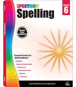 spectrum 6th grade spelling workbook, grammar and handwriting practice with root words, diphthongs, prefixes, suffixes, 6th grade workbook with english dictionary, classroom or homeschool curriculum