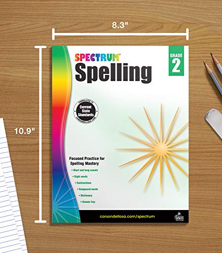 Spectrum Spelling Workbook Grade 2, Phonics and Handwriting Practice With Sight Words, Vowels, and Compound Words, 2nd Grade Workbook With English Dictionary, Classroom or Homeschool Curriculum