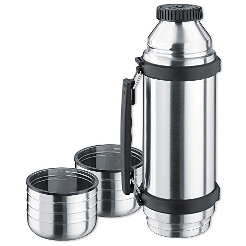 Isosteel Duo VA-9562DQ Vacuum-Insulated Thermos Flask with Quickstop Single-Hand Pouring System and 2 Screw-Off Drinking Cups 1.0 L 18/8 Stainless Steel