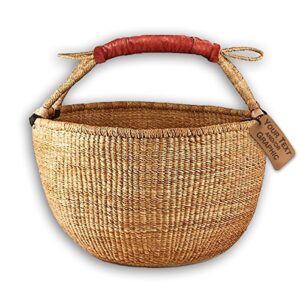 bolga market tote basket (fair trade) natural color xlarge w/ leather wrapped handle