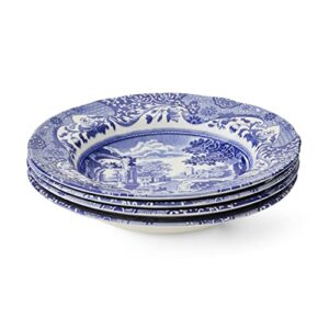 spode blue italian soup bowls| set of 4| 9-inch| soup, pasta, and salad serving bowls| round, wide rim bowl| microwave safe| dishwasher safe| made in england