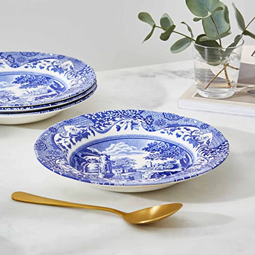 Spode Blue Italian Soup Bowls| Set of 4| 9-Inch| Soup, Pasta, and Salad Serving Bowls| Round, Wide Rim Bowl| Microwave Safe| Dishwasher Safe| Made in England