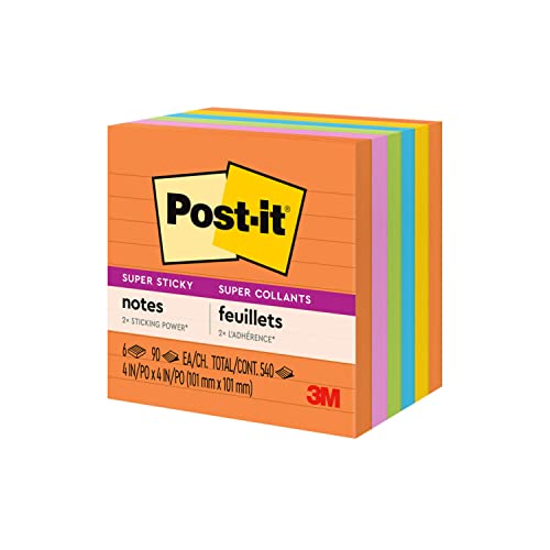 Post-it Super Sticky Notes, 4 in x 4 in, 6 Pads, 2x the Sticking Power, Energy Boost Collection, Bright Colors, Recyclable (675-6SSUC)