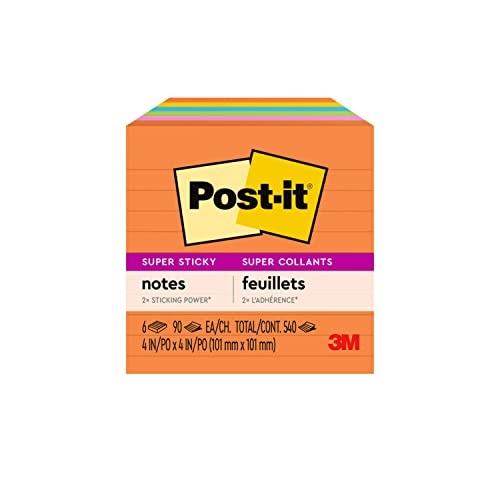 Post-it Super Sticky Notes, 4 in x 4 in, 6 Pads, 2x the Sticking Power, Energy Boost Collection, Bright Colors, Recyclable (675-6SSUC)