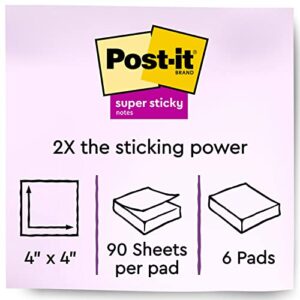 Post-it Super Sticky Notes, 4 in x 4 in, 6 Pads, 2x the Sticking Power, Energy Boost Collection, Bright Colors, Recyclable (675-6SSUC)