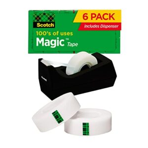 scotch magic tape, 6 rolls with dispenser, numerous applications, invisible, engineered for repairing, 3/4 x 1000 inches, boxed (810k6c38)