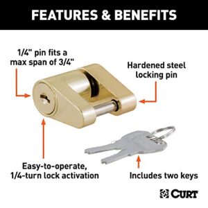 CURT 23022 Brass-Plated Steel Trailer Tongue Coupler Lock, 1/4-Inch Pin Diameter, Up to 3/4-Inch Span