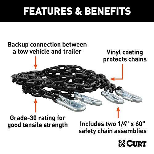 CURT 19749 60-Inch Vinyl-Coated Trailer Safety Chains with 7/16-In Snap Hooks, 5,000 lbs Break Strength, 2-Pack