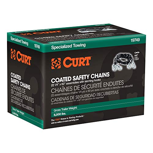 CURT 19749 60-Inch Vinyl-Coated Trailer Safety Chains with 7/16-In Snap Hooks, 5,000 lbs Break Strength, 2-Pack