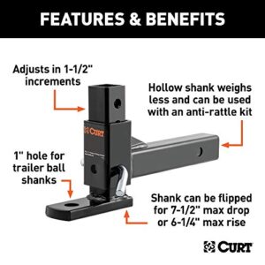 CURT 45812 Adjustable Trailer Hitch Mount, Fits 2-Inch Receiver, 7-1/2-Inch Drop, 1-Inch Hole, 5,000 lbs, GLOSS BLACK POWDER COAT