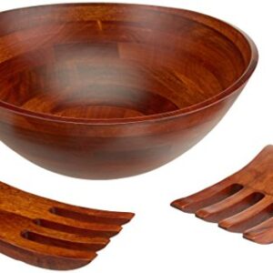 Lipper International Cherry Finished Wavy Rim Serving Bowl with 2 Salad Hands, Large, 13" x 12.5" x 5", 3-Piece Set