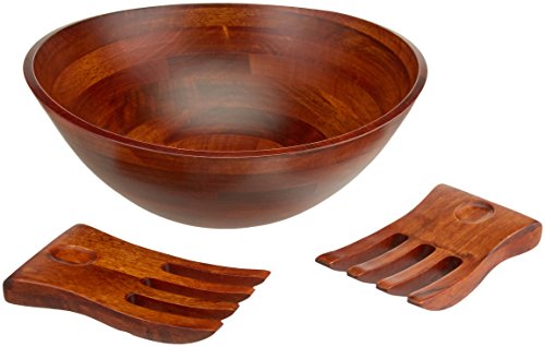 Lipper International Cherry Finished Wavy Rim Serving Bowl with 2 Salad Hands, Large, 13" x 12.5" x 5", 3-Piece Set