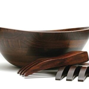 Lipper International Cherry Finished Wavy Rim Serving Bowl with 2 Salad Hands, Large, 13" x 12.5" x 5", 3-Piece Set