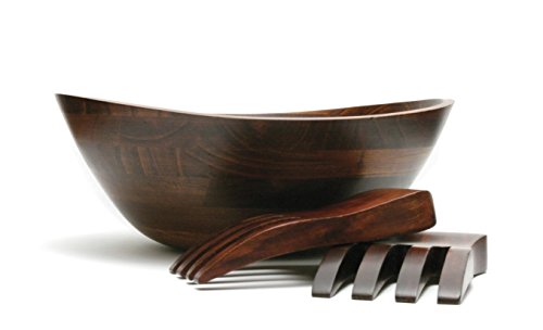 Lipper International Cherry Finished Wavy Rim Serving Bowl with 2 Salad Hands, Large, 13" x 12.5" x 5", 3-Piece Set