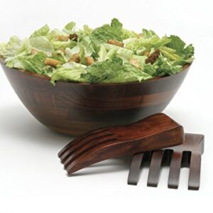 Lipper International Cherry Finished Wavy Rim Serving Bowl with 2 Salad Hands, Large, 13" x 12.5" x 5", 3-Piece Set