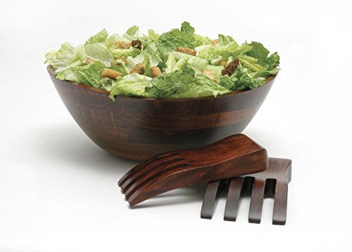 Lipper International Cherry Finished Wavy Rim Serving Bowl with 2 Salad Hands, Large, 13" x 12.5" x 5", 3-Piece Set