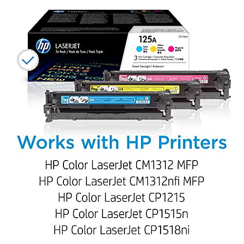 Original HP 125A Cyan, Magenta, Yellow Toner Cartridges (3-pack) | Works with HP Color LaserJet CM1312 MFP Series, HP Color LaserJet CP1215, CP1515, CP1518 Series | CE259A