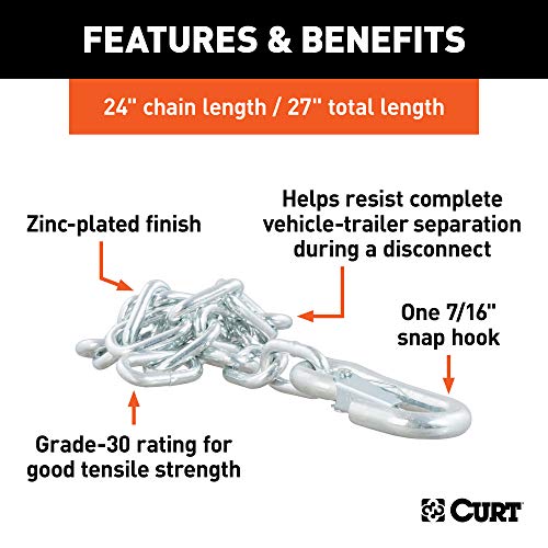 CURT 80313 27-Inch Trailer Safety Chain with 7/16-In Snap Hook, 5,000 lbs Break Strength