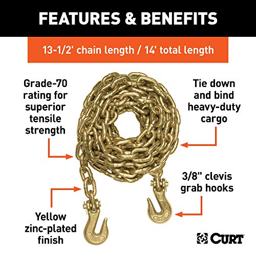 CURT 80309 14-Foot Transport Binder Chain, 3/8-Inch Clevis Hooks, 26,400 lbs Break Strength, Load Tie-Down, Trailer, Flatbed