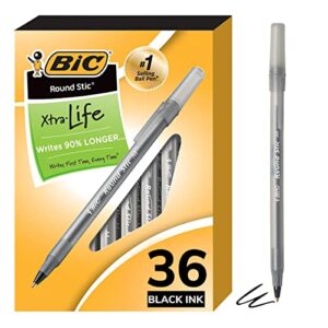 bic round stic xtra life ball point pen, black, 36 pack