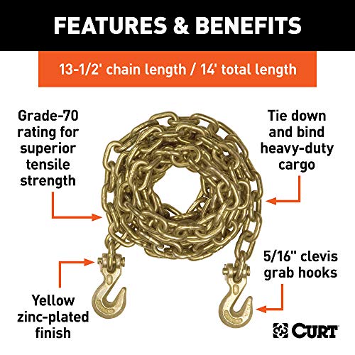 CURT 80305 14-Foot Transport Binder Chain, 5/16-Inch Clevis Hooks, 18,800 lbs Break Strength, Load Tie-Down, Trailer, Flatbed