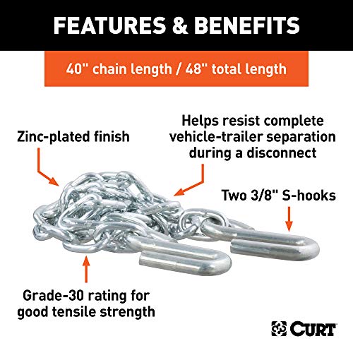 CURT 80010 48-Inch Trailer Safety Chain with 3/8-In S-Hooks, 2,000 lbs Break Strength