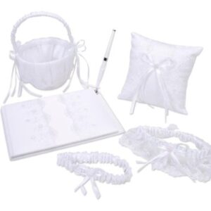 Darice VL440W, Garter Book with Pen Pillow Basket, 2-Garter Lace, 5-Piece, ST White