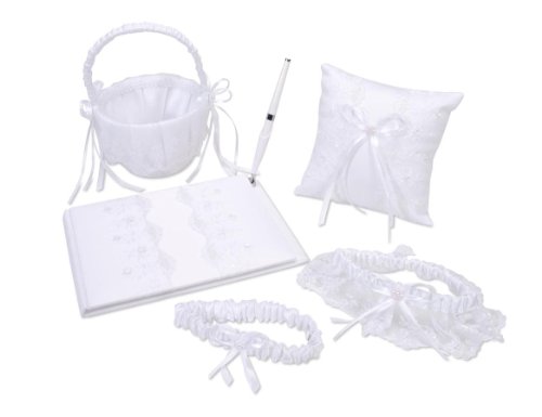 Darice VL440W, Garter Book with Pen Pillow Basket, 2-Garter Lace, 5-Piece, ST White