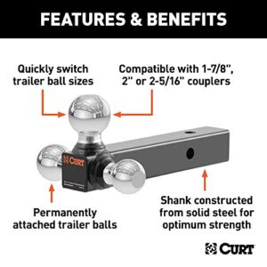 CURT 45655 Multi-Ball Trailer Hitch Ball Mount, 1-7/8, 2, 2-5/16-Inch Balls, Fits 2-Inch Receiver, 10,000 lbs