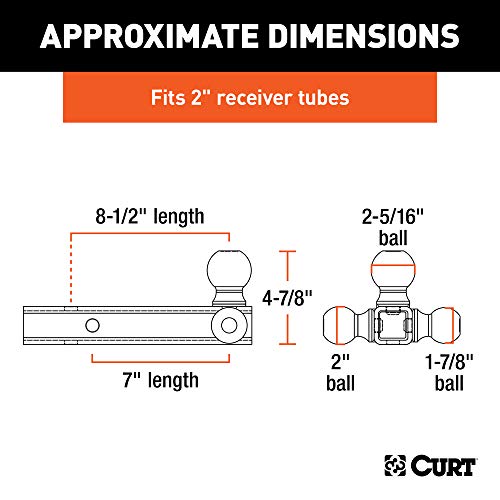 CURT 45650 Multi-Ball Trailer Hitch Ball Mount, 1-7/8, 2, 2-5/16-Inch Balls, Fits 2-Inch Receiver, 10,000 lbs