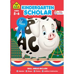 school zone – kindergarten scholar workbook – 64 pages, ages 5 to 6, alphabet, phonics, shapes, patterns, counting, addition & subtraction, and more