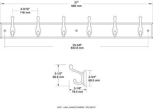 Franklin Brass Heavy Duty Coat and Hat Hook Rail Wall Hooks 6 Hooks, 27 Inches, White/White, RPLR6DJ-PWW-L1