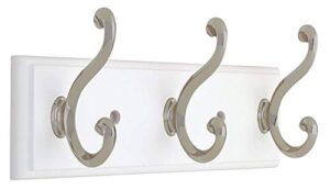 129854 coat rack, 10-inch, wall mounted coat rack with 3 decorative hooks, satin nickel and white