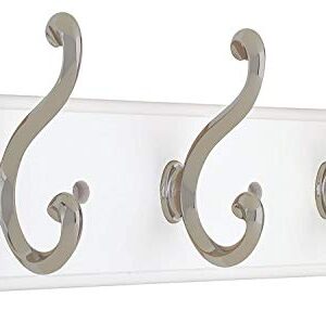 129854 Coat Rack, 10-Inch, Wall Mounted Coat Rack with 3 Decorative Hooks, Satin Nickel and White