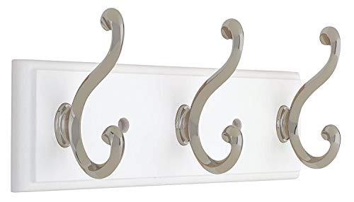 129854 Coat Rack, 10-Inch, Wall Mounted Coat Rack with 3 Decorative Hooks, Satin Nickel and White